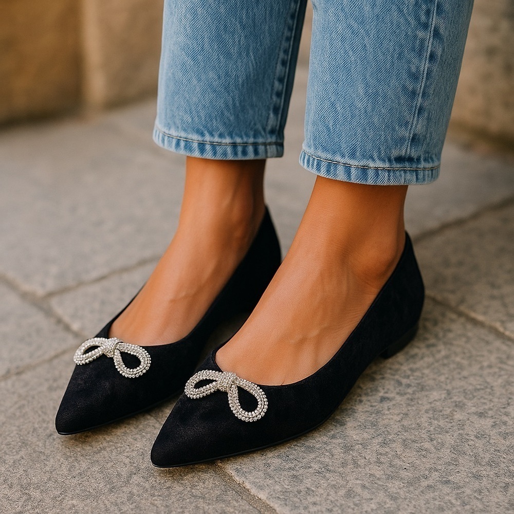 Cato | RHINESTONE BOW VELVET FLATS BLACK VARIOUS SIZES AVAILABLE